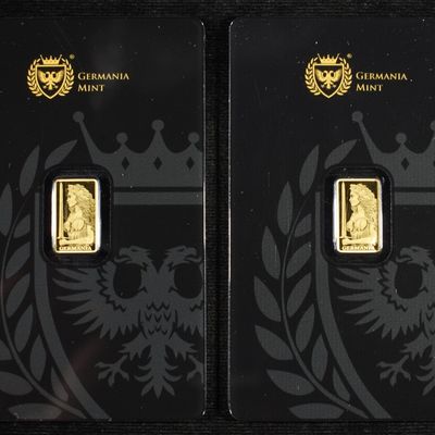 (2) GERMANIA MINT 1/200TH .9999 GOLD BARS PROOF