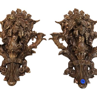 Sale Photo Thumbnail #244: Pr vtg IT bronze style finish cherub candle sconces