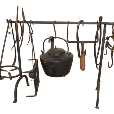 Sale Photo Thumbnail #233: Antique Wrought Iron Hearth Cooking Crane Set 12pc