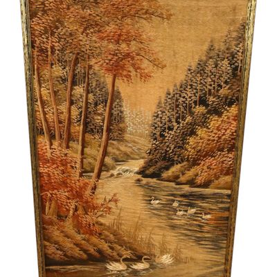 Sale Photo Thumbnail #185: VTG Asian Bunka Embroidery Tapestry Swans Scene