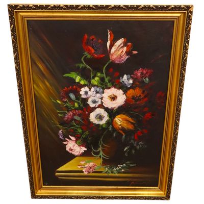 Sale Photo Thumbnail #189: VTG 1951 Signed Oil Canvas Floral Still Life Art