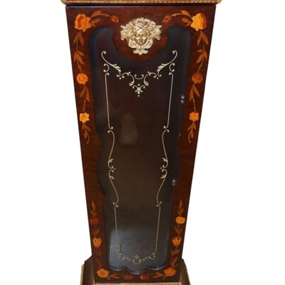 Sale Photo Thumbnail #50: FR Burl Walnut Floral Inlaid Curio Pedestal Bronze
