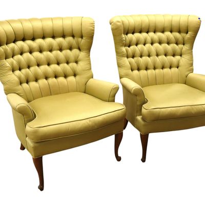 Sale Photo Thumbnail #134: Pr VTG Button Tufted Fireside Chairs Nice Design