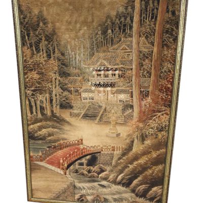 Sale Photo Thumbnail #187: VTG Asian Bunka Embroidery Pagoda Bridge Scene