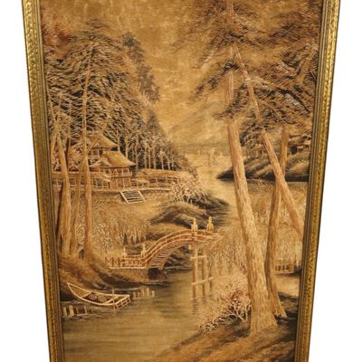 Sale Photo Thumbnail #186: VTG Asian Bunka Embroidery Boat Bridge Tapestry