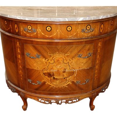 Sale Photo Thumbnail #52: Antq FR Demilune MT Inlaid Satinwood 3-Dr Commode