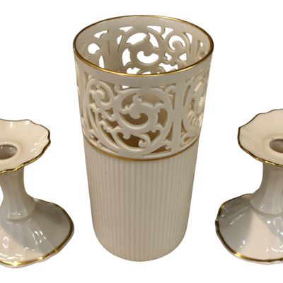 Sale Photo Thumbnail #283: 3pcs Lenox, 2 candle sticks and open lace vase