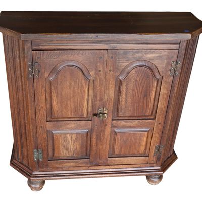 Sale Photo Thumbnail #105: VTG 2-Door Oak Walnut Console Cabinet Bun Feet Orig