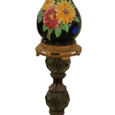 Sale Photo Thumbnail #245: Vtg floor pedestal brnz metal w/porcelain flower
