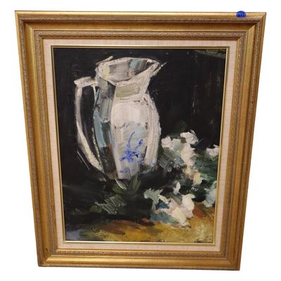 Sale Photo Thumbnail #192: Signed Oil on Board Still Life Painting Framed
