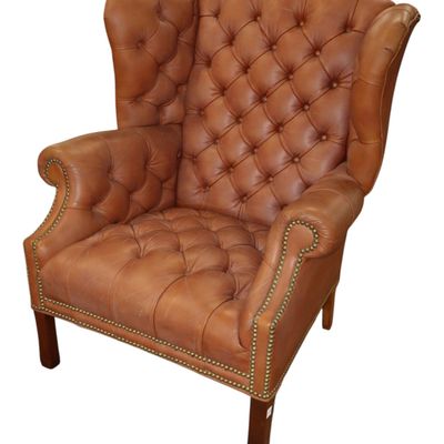 Sale Photo Thumbnail #126: Chippendale Saddle Brown Tufted Leather Wing Chair