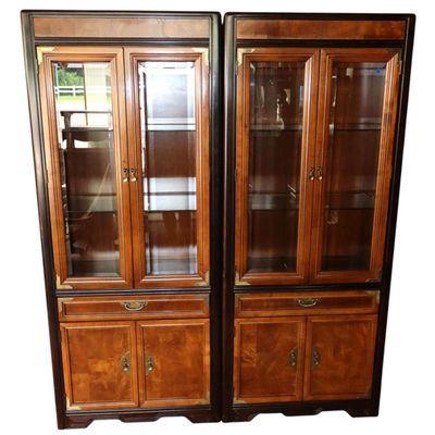 Sale Photo Thumbnail #150: Pr Broyhill Asian Burl Wal Display Cabinets