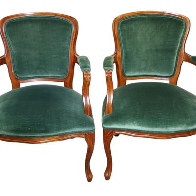 Sale Photo Thumbnail #138: Pr Vtg FR Walnut Green Velour Arm Chairs