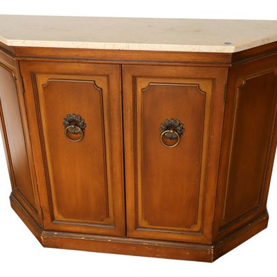 Sale Photo Thumbnail #63: VTG 1960s Walnut 2-Door Stone Top Console Orig Fin