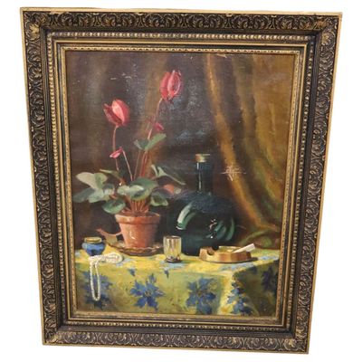 Sale Photo Thumbnail #193: Framed Oil on Board Still Life Painting Vintage