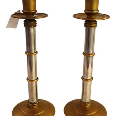 Sale Photo Thumbnail #242: Pair Maitland Smith brass/ steel 16" candle sticks