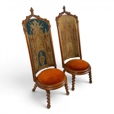 Sale Photo Thumbnail #26: Pair Gothic Revival Tapestry Chairs