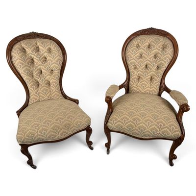 Sale Photo Thumbnail #260: Victorian Walnut His and Hers Parlor Chairs