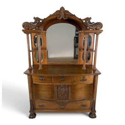 Sale Photo Thumbnail #180: Carved Oak Dragon Mirrored Sideboard