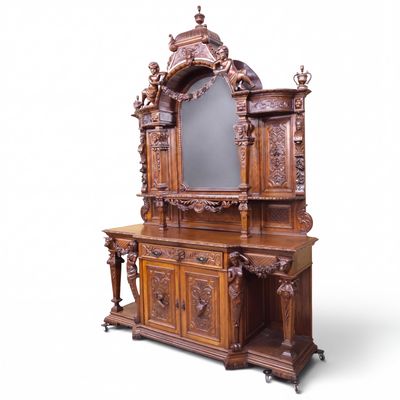 Sale Photo Thumbnail #95: Monumental Carved Oak Mirrored Sideboard