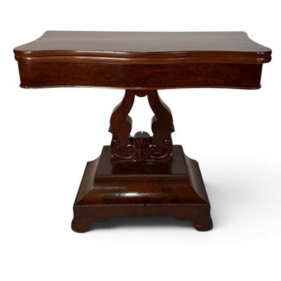 Sale Photo Thumbnail #303: American Classical Mahogany Lyre-Base Flip-Top Card Table, Circa 1825-1840