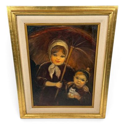 Sale Photo Thumbnail #291: Mid-Century Girls and Kitten Oil