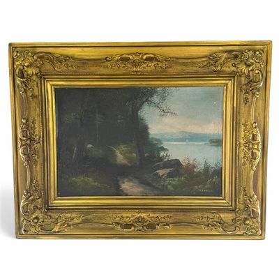 Sale Photo Thumbnail #49: Oil on Canvas, C.T. Mitchell Lake and Mountain Landscape