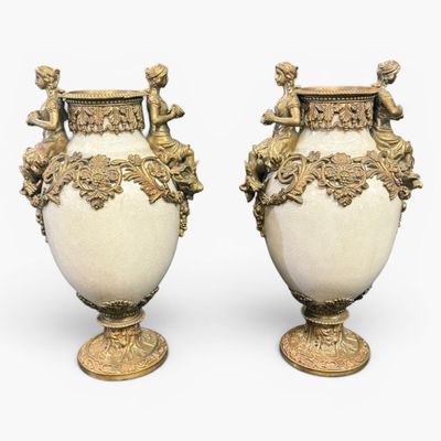 Sale Photo Thumbnail #35: Pair French Gilt-Brass Mounted Porcelain Figural Urns