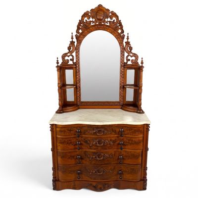 Sale Photo Thumbnail #94: Burl Walnut Marble-Top Mirrored Dresser