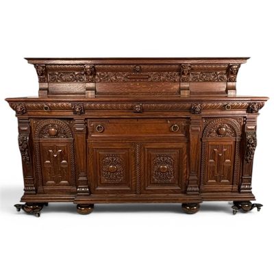 Sale Photo Thumbnail #72: H&S Pogue-Retailed Carved Oak Sideboard