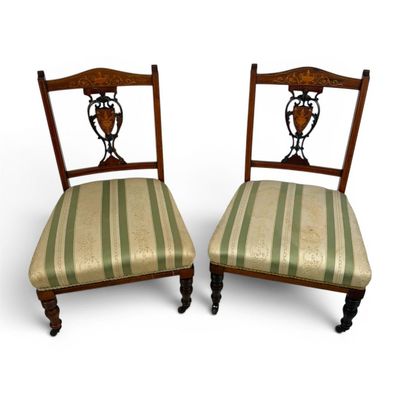 Sale Photo Thumbnail #3: Pair Edwardian Inlaid Mahogany Chairs