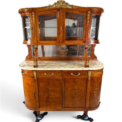 Sale Photo Thumbnail #178: Probably French Belle Epoque Burl Walnut Marble Top Buffet Vitrine