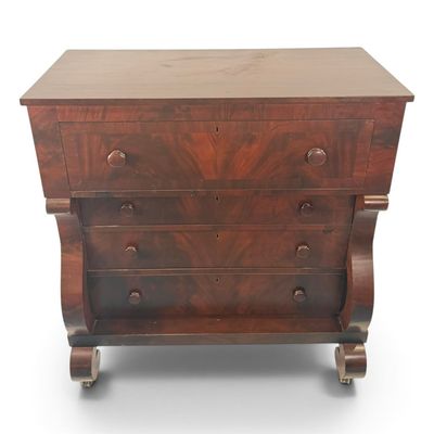 Sale Photo Thumbnail #189: American Late Classical Figured Mahogany Chest of Drawers, Hunt-Phelan Provenance, c. 1840