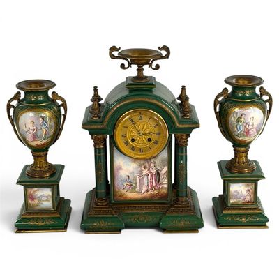 Sale Photo Thumbnail #4: French Green Sevres-Style Clock Garniture
