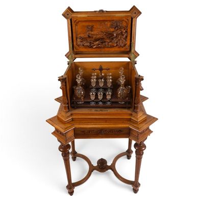 Sale Photo Thumbnail #68: Carved Oak Hunt Tantalus on Stand
