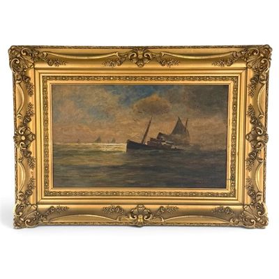 Sale Photo Thumbnail #47: Oil on Canvas, Max Hoel Coastal Steamship Seascape