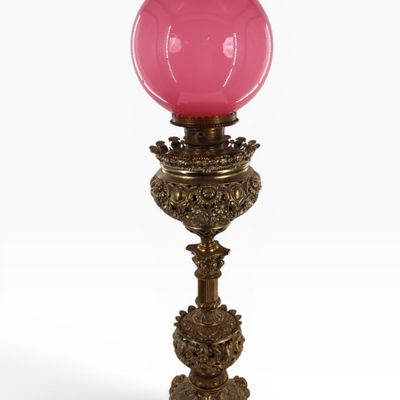Sale Photo Thumbnail #227: Victorian Brass Lamp with Pink Shade