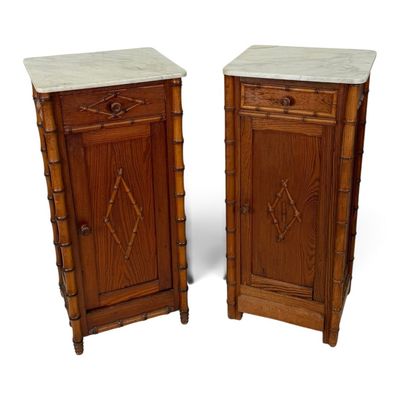 Sale Photo Thumbnail #222: Associated Pair English Faux Bamboo Marble-Top Bedside Cabinets