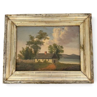 Sale Photo Thumbnail #135: 19th C. American Folk Lake Landscape, Oil on Canvas