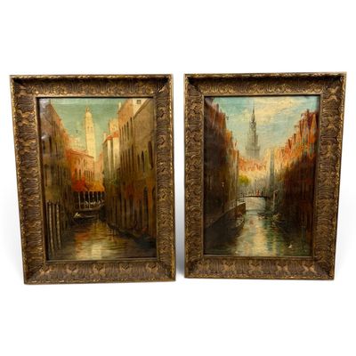 Sale Photo Thumbnail #136: Bergantini Pair European Canal Oil on Canvas