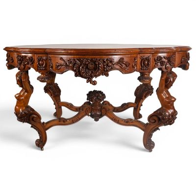 Sale Photo Thumbnail #62: Marked Carved Walnut Figural Center Table