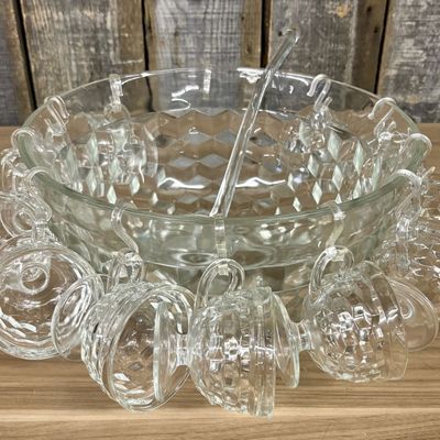 Sale Photo Thumbnail #462: Federal Glass Jubilee Pattern Clear Pressed Glass Punch Bowl Set