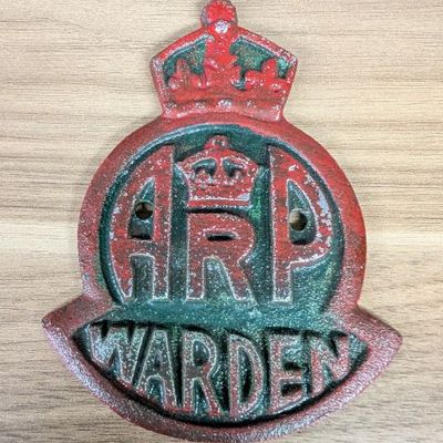 Sale Photo Thumbnail #215: World War II British Air Raid Precautions ARP Warden Cast Metal Post Plaque