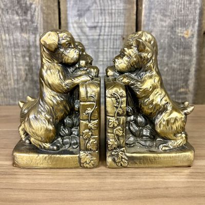 Sale Photo Thumbnail #438: A Pair of Vintage Cast Metal Terrier and Puppy Bookends with Gold Toned Finish