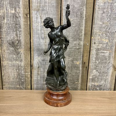 Sale Photo Thumbnail #435: Fabrication Francaise Paris Neoclassical Spelter Sculpture of a Youth with Torch
