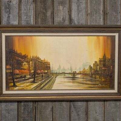Sale Photo Thumbnail #173: Per'iNe, Mid-Century Modern Parisian Riverside Scene, Oil on Canvas