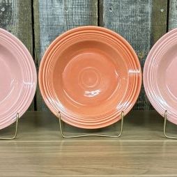 Sale Photo Thumbnail #339: A Trio of Homer Laughlin Fiesta Rim Soup Bowls in Rose and Persimmon