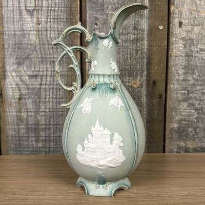 Sale Photo Thumbnail #37: Neoclassical Jasperware Style Ceramic Ewer with Gothic Castle Relief