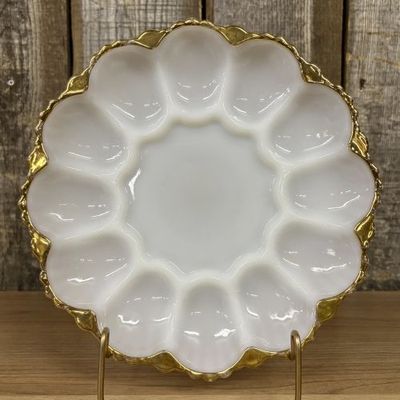 Sale Photo Thumbnail #375: Anchor Hocking Fire King Milk Glass Deviled Egg Plate with 22 Karat Gold Trim