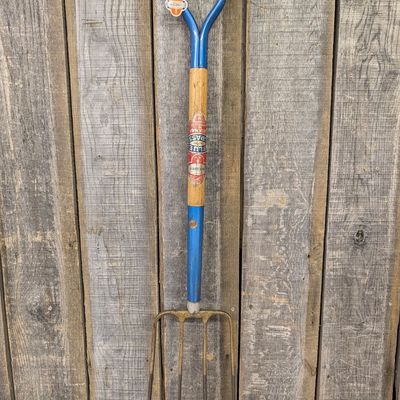 Sale Photo Thumbnail #481: Belknap Blue Grass Vintage Forged Steel Four-Tine Digging Fork with D-Handle